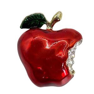 Vintage Teacher Pin Red Apple Brooch Enamel Rhinestone Bite Green Leaf Gold Tone